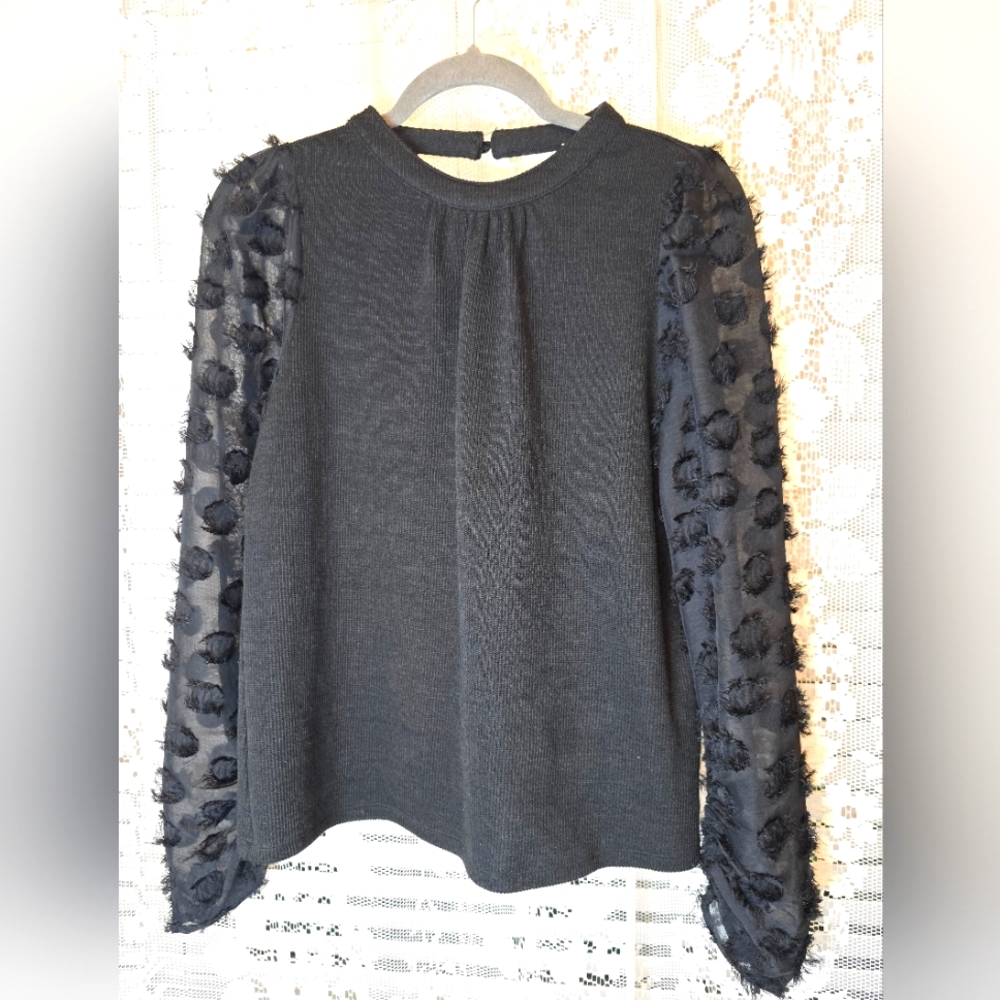 Thml Black Cheetah Mesh Sleeve Top, Women's Blouse, Small